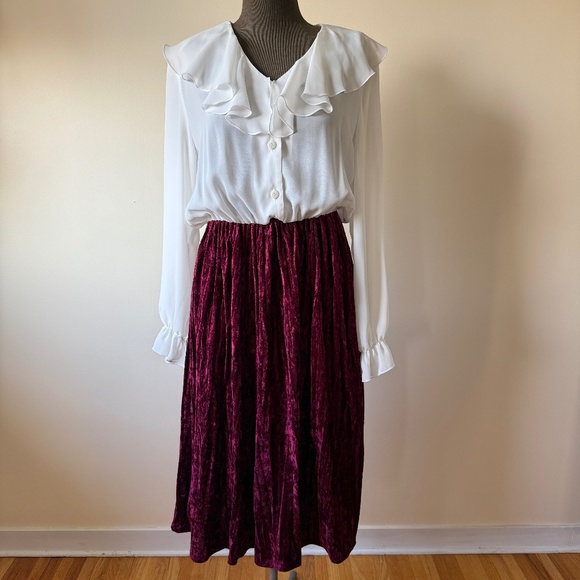Unique Vintage 90s Burgundy Velvet Ruffle Blouse Dress - Picture 1 of 9